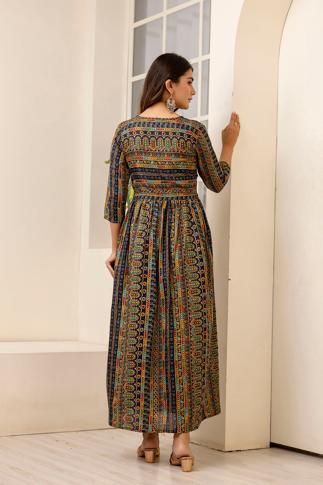 Women Black Ethnic Printed Flared Dress | LASVINI - Redefining Indian Fashion with Elegance