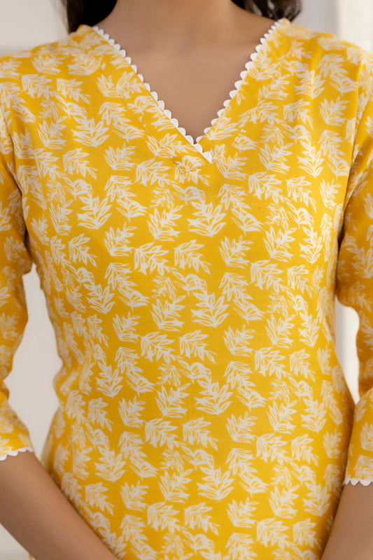 Women Yellow Printed Straight Kurta With Three Quarter Sleeves | LASVINI - Redefining Indian Fashion with Elegance