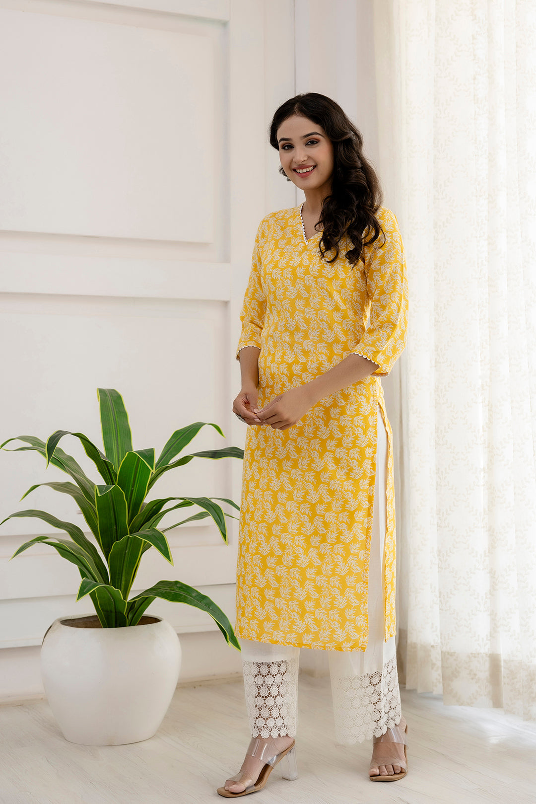 Women Yellow Printed Straight Kurta With Three Quarter Sleeves | LASVINI - Redefining Indian Fashion with Elegance
