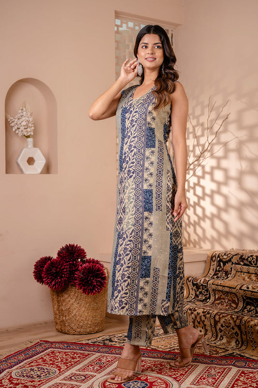 Women Blue Printed Kurta With Trouser | LASVINI - Redefining Indian Fashion with Elegance