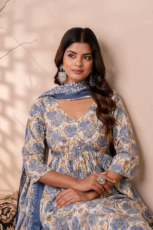 Women Off White Floral Printed Anarkali Kurta And Trouser With Dupatta | LASVINI - Redefining Indian Fashion with Elegance