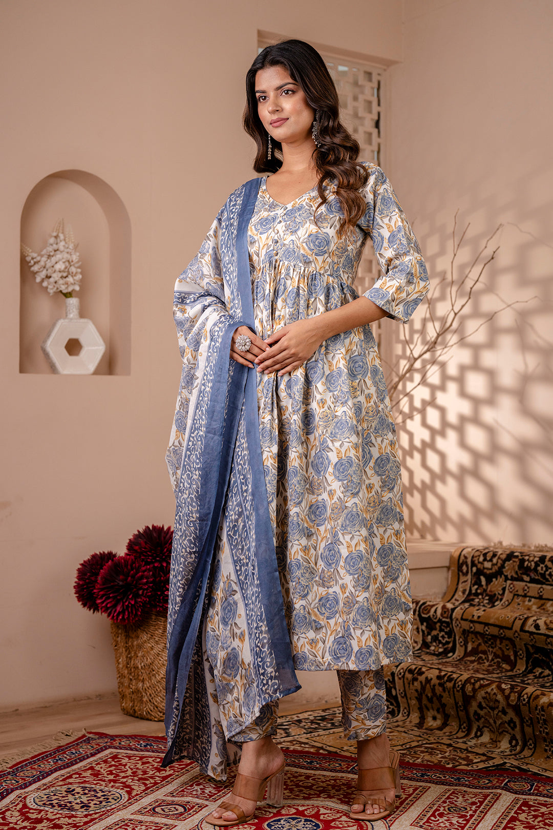 Women Off White Floral Printed Anarkali Kurta And Trouser With Dupatta | LASVINI - Redefining Indian Fashion with Elegance