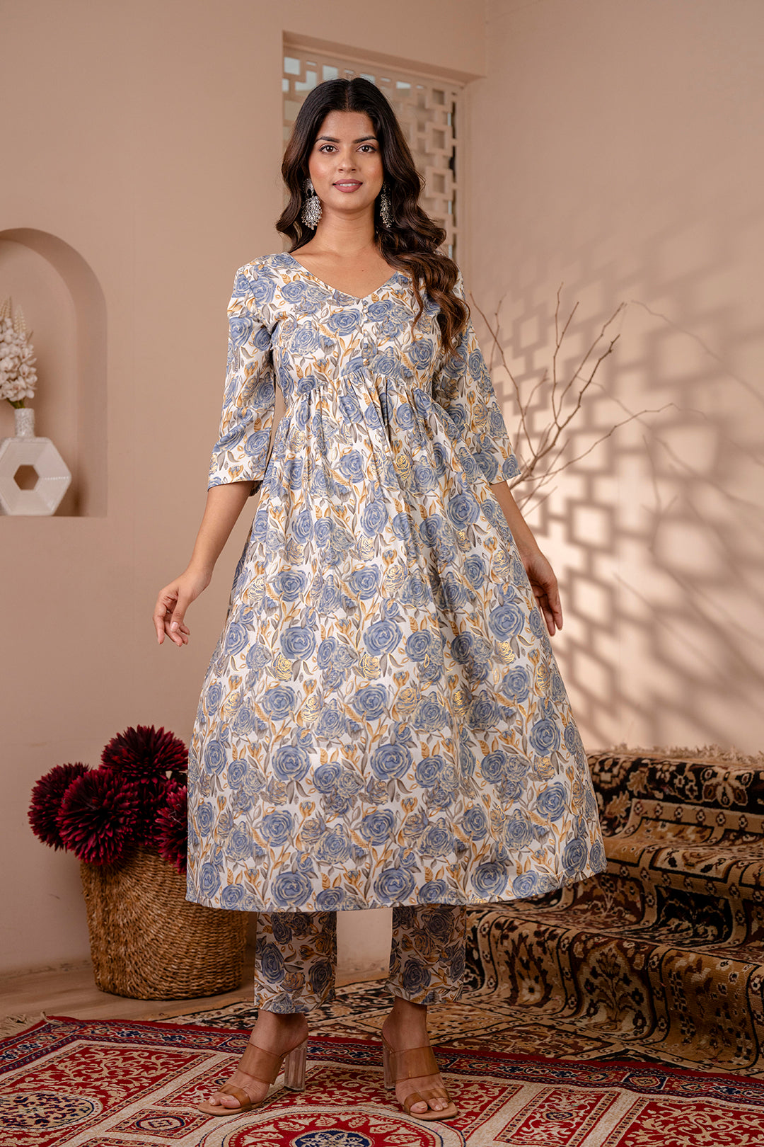 Women Off White Floral Printed Anarkali Kurta And Trouser With Dupatta | LASVINI - Redefining Indian Fashion with Elegance