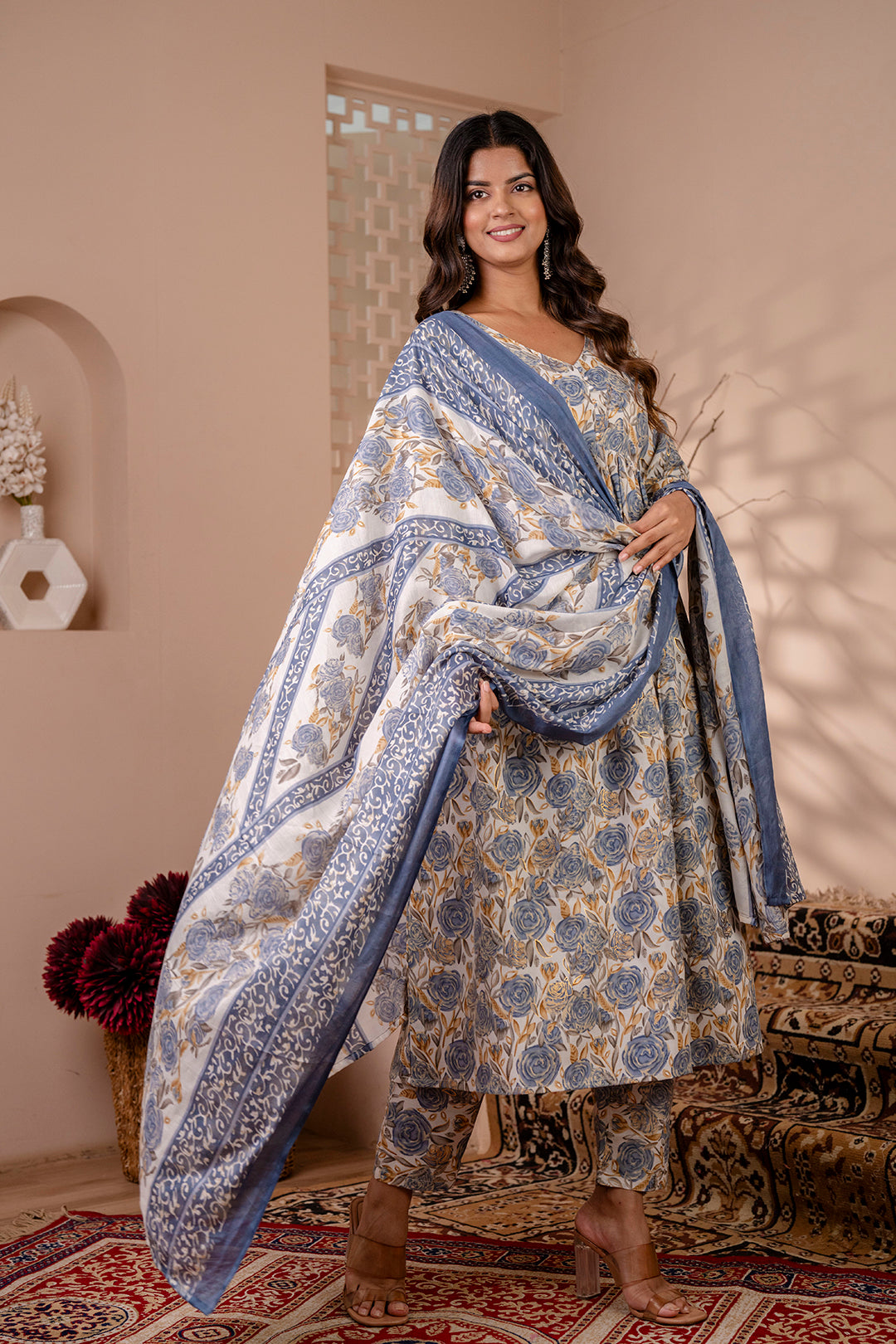 Women Off White Floral Printed Anarkali Kurta And Trouser With Dupatta | LASVINI - Redefining Indian Fashion with Elegance