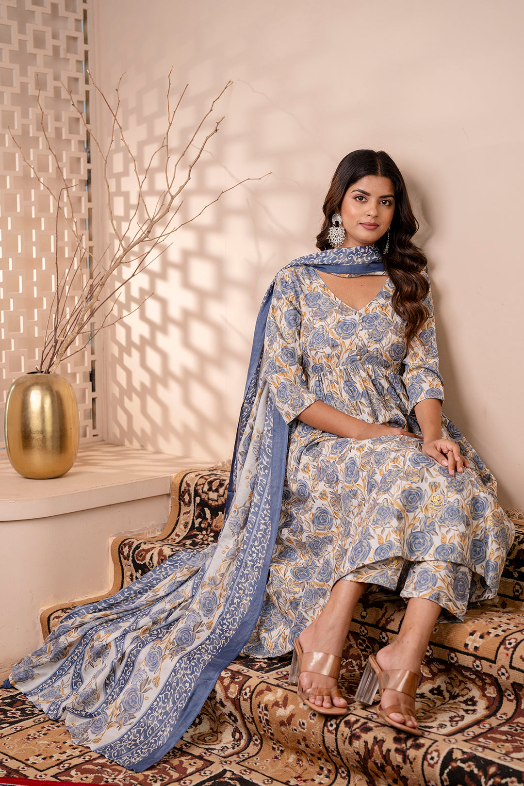 Women Off White Floral Printed Anarkali Kurta And Trouser With Dupatta | LASVINI - Redefining Indian Fashion with Elegance