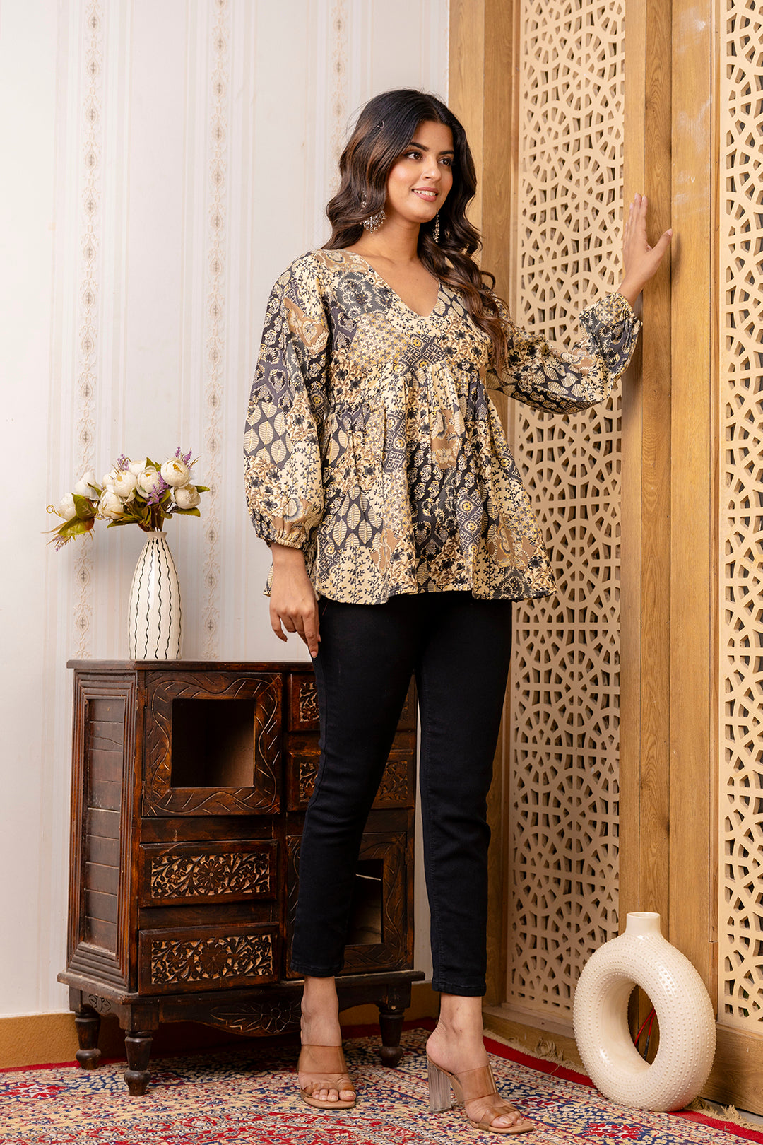 Women Black Printed Peplum Tunic | LASVINI - Redefining Indian Fashion with Elegance