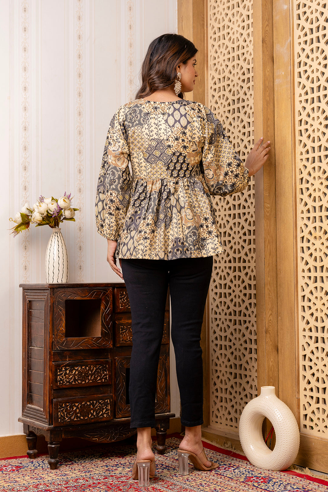 Women Black Printed Peplum Tunic | LASVINI - Redefining Indian Fashion with Elegance