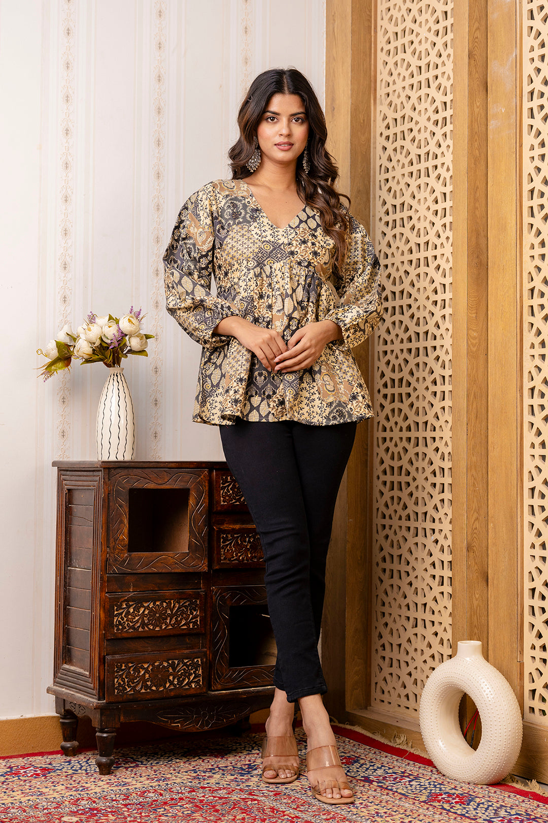 Women Black Printed Peplum Tunic | LASVINI - Redefining Indian Fashion with Elegance