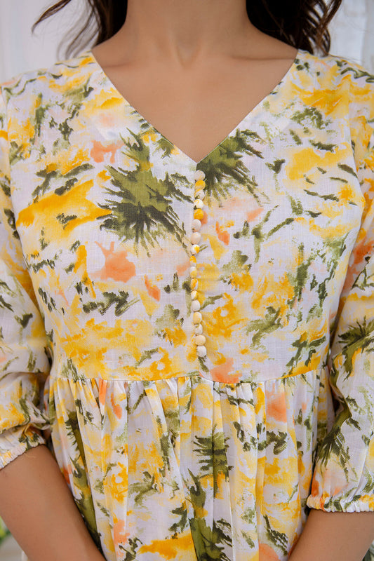 Women Yellow Printed Flared Dress | LASVINI - Redefining Indian Fashion with Elegance