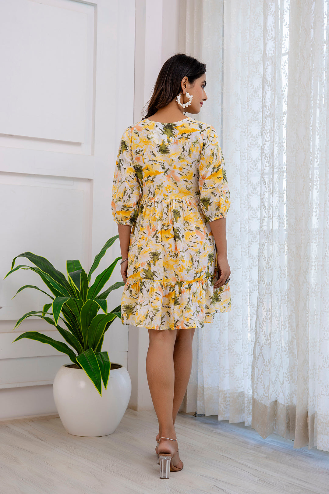 Women Yellow Printed Flared Dress | LASVINI - Redefining Indian Fashion with Elegance