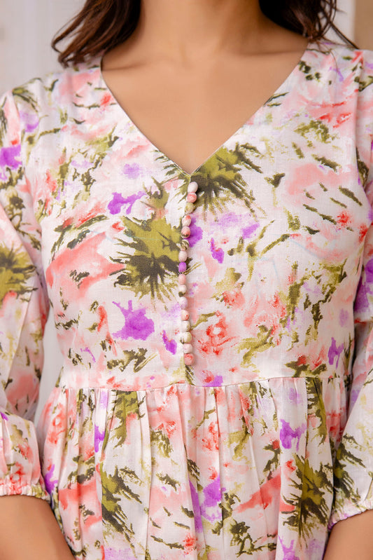 Women Off White And Pink Printed Flared Dress | LASVINI - Redefining Indian Fashion with Elegance