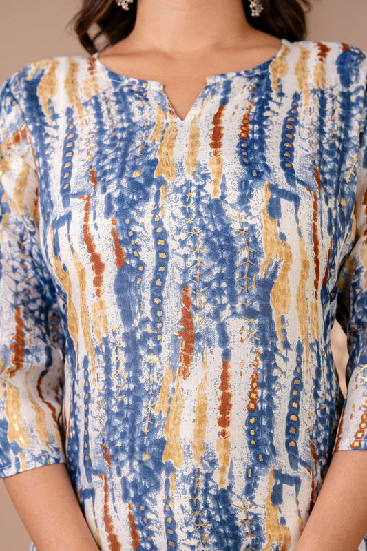 Women Blue Printed Straight Kurta With Three Quarter Sleeves | LASVINI - Redefining Indian Fashion with Elegance