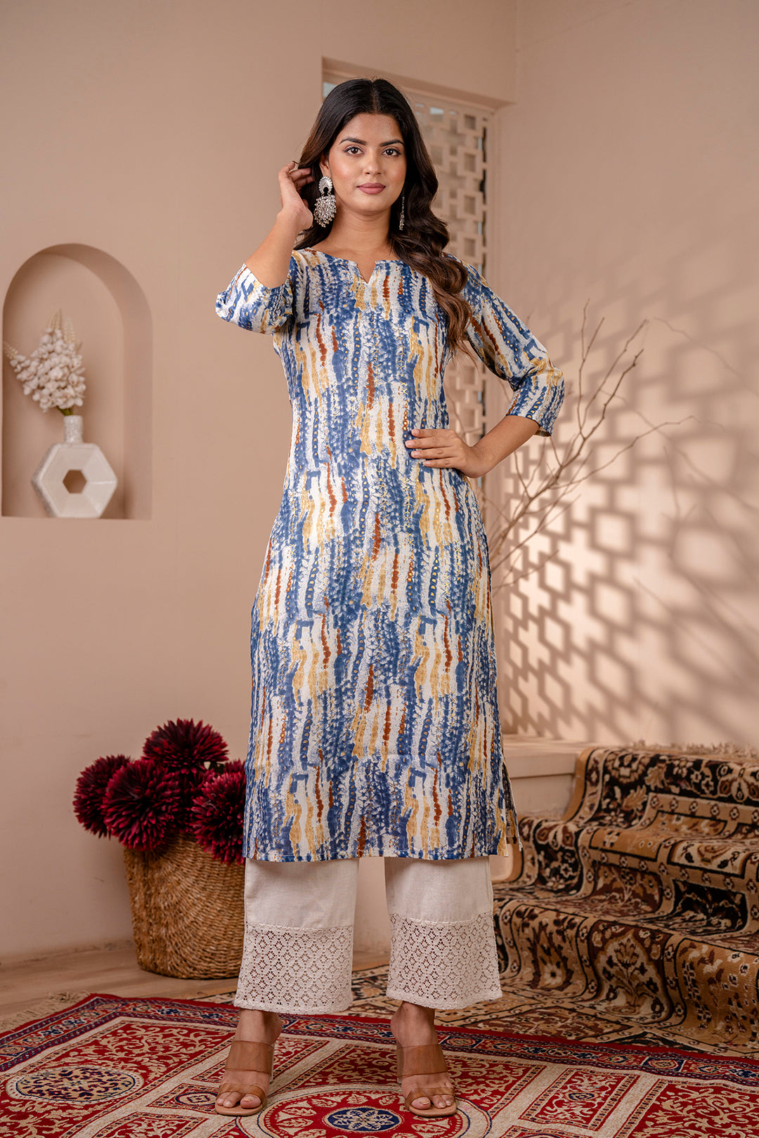 Women Blue Printed Straight Kurta With Three Quarter Sleeves | LASVINI - Redefining Indian Fashion with Elegance