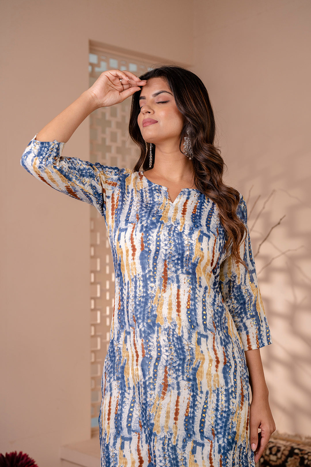 Women Blue Printed Straight Kurta With Three Quarter Sleeves | LASVINI - Redefining Indian Fashion with Elegance