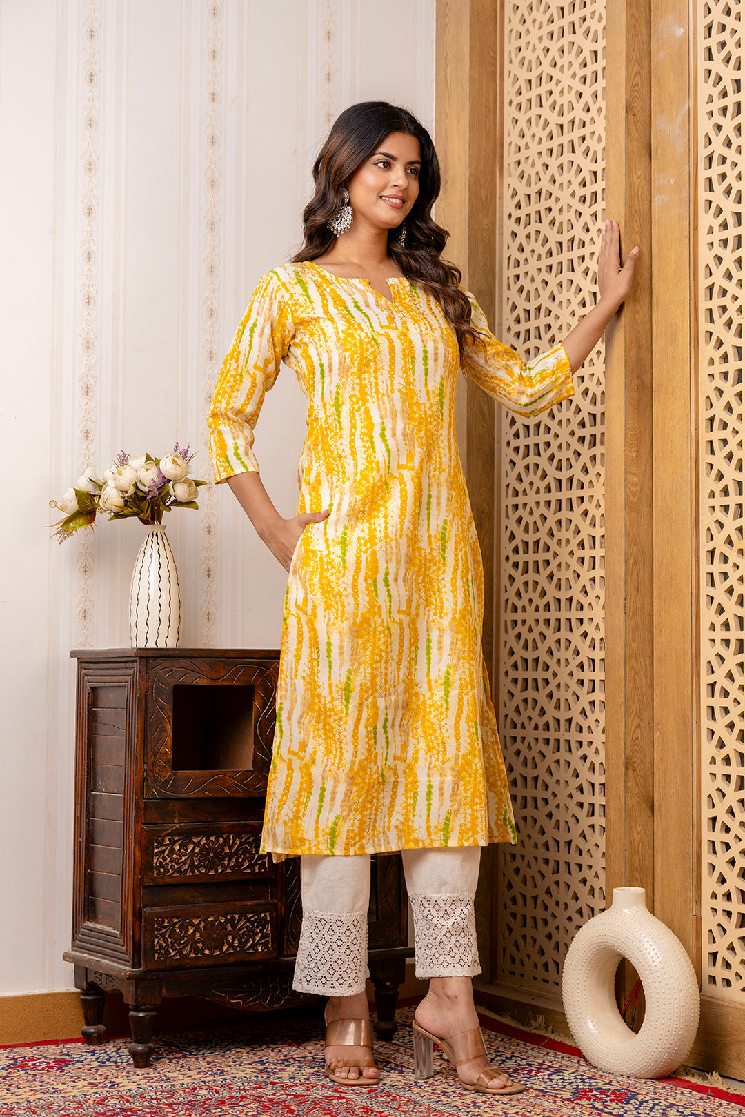 Women Yellow Printed Straight Kurta With Three Quarter Sleeves | LASVINI - Redefining Indian Fashion with Elegance