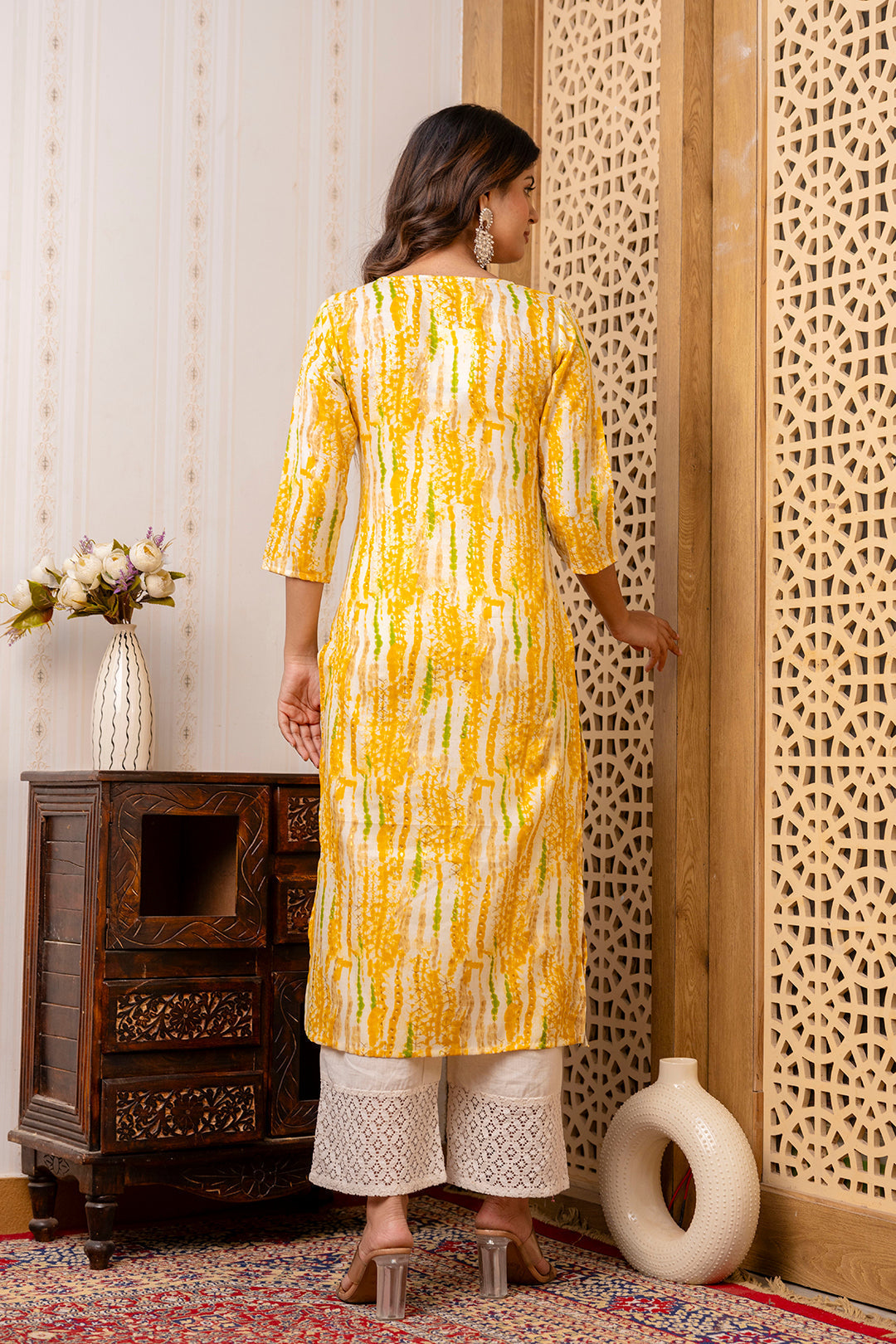 Women Yellow Printed Straight Kurta With Three Quarter Sleeves | LASVINI - Redefining Indian Fashion with Elegance