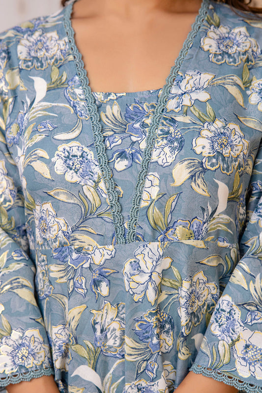 Women Grey Floral Printed Anarkali Kurta And Trouser With Dupatta | LASVINI - Redefining Indian Fashion with Elegance