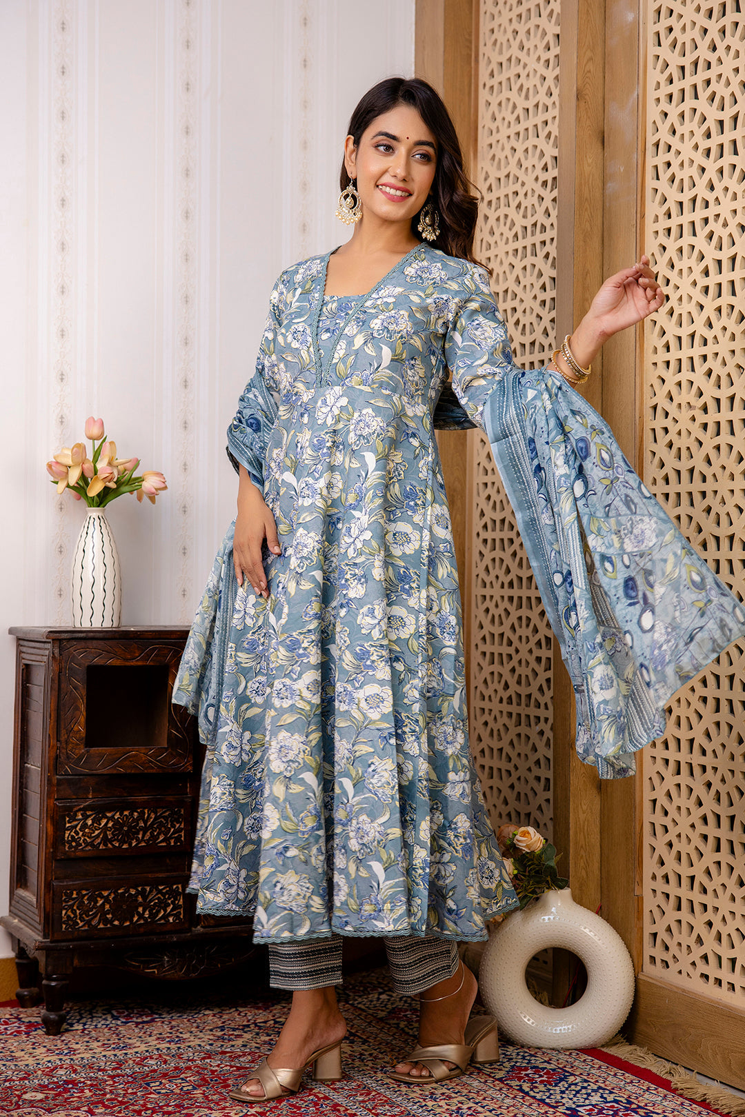 Women Grey Floral Printed Anarkali Kurta And Trouser With Dupatta | LASVINI - Redefining Indian Fashion with Elegance