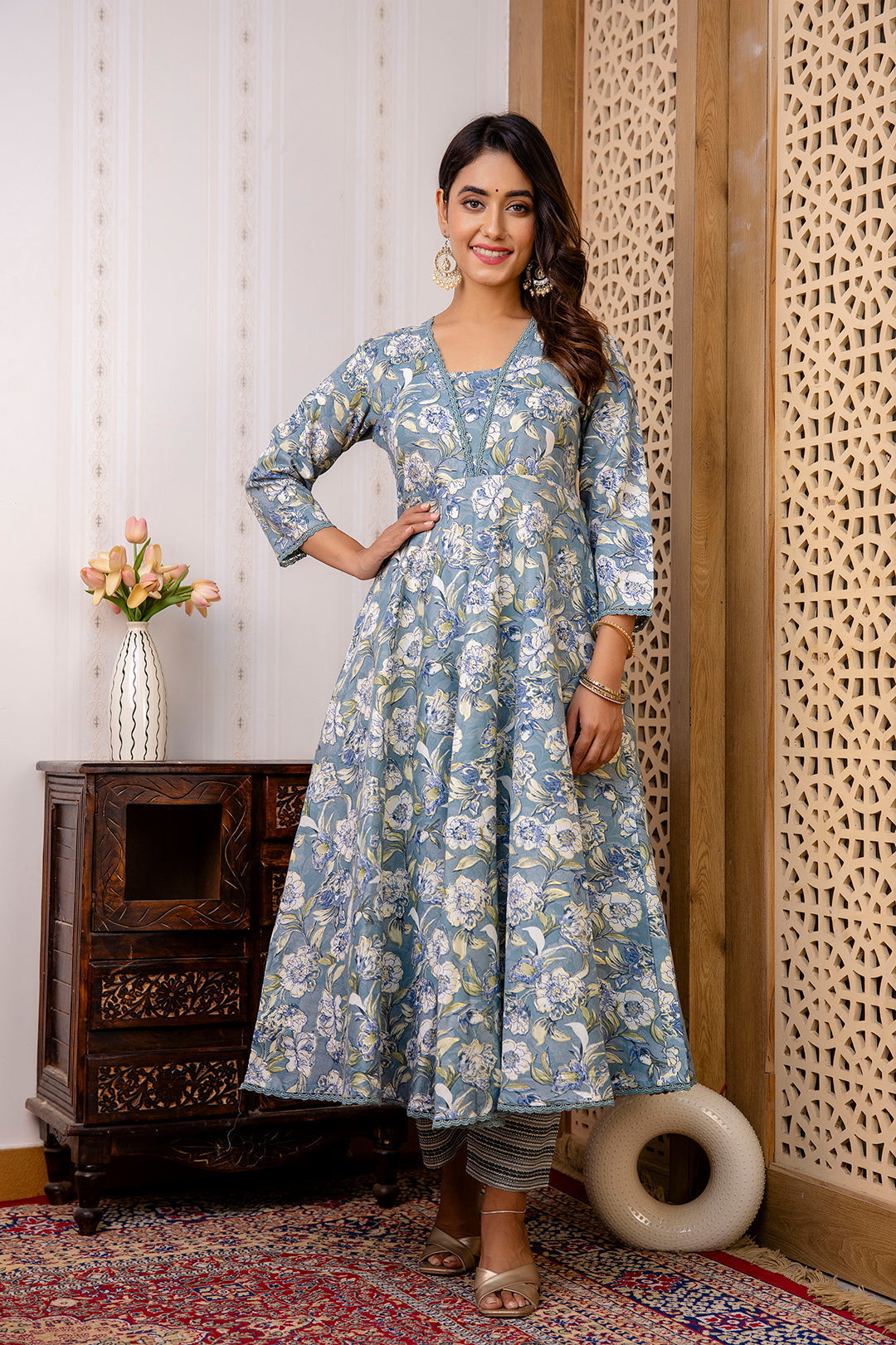 Women Grey Floral Printed Anarkali Kurta And Trouser With Dupatta | LASVINI - Redefining Indian Fashion with Elegance