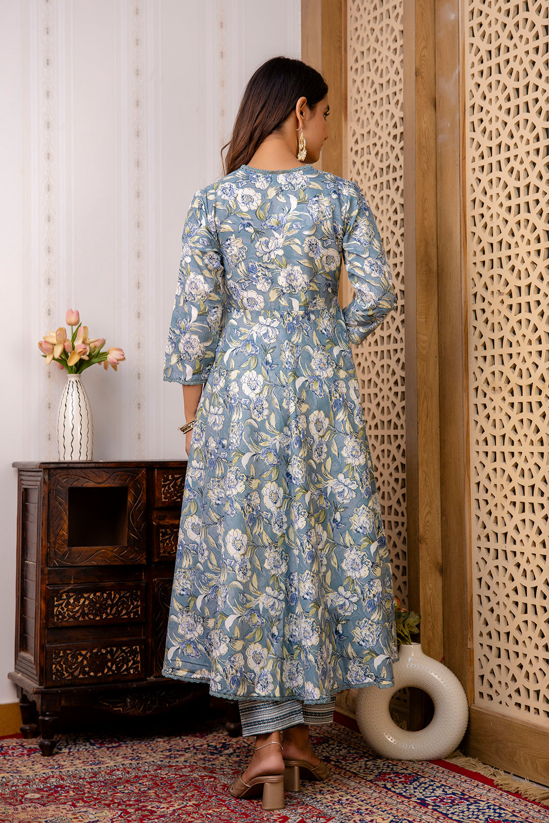Women Grey Floral Printed Anarkali Kurta And Trouser With Dupatta | LASVINI - Redefining Indian Fashion with Elegance