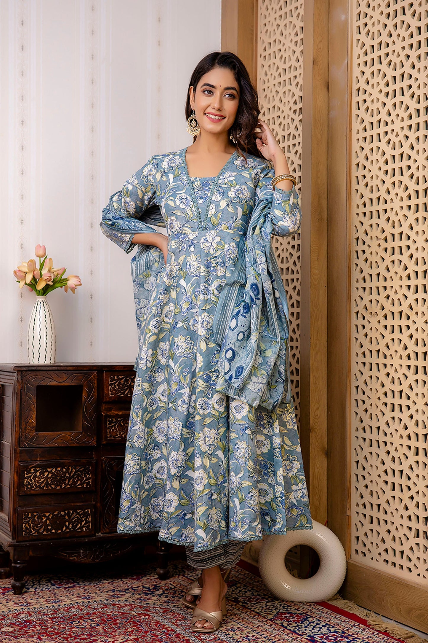 Women Grey Floral Printed Anarkali Kurta And Trouser With Dupatta | LASVINI - Redefining Indian Fashion with Elegance