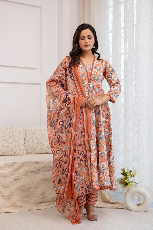 Women Peach Floral Printed Anarkali Kurta And Trouser With Dupatta | LASVINI - Redefining Indian Fashion with Elegance