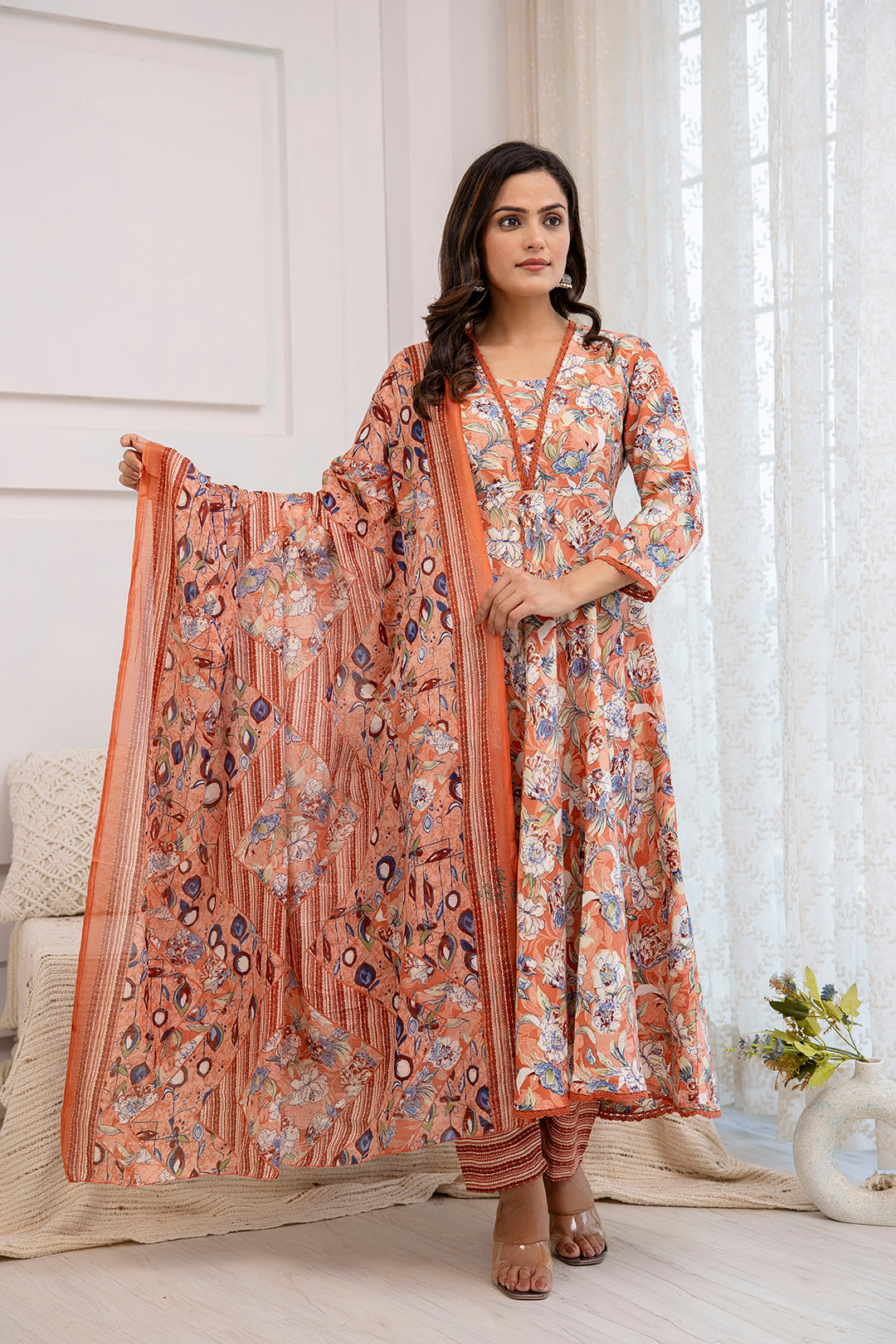Women Peach Floral Printed Anarkali Kurta And Trouser With Dupatta | LASVINI - Redefining Indian Fashion with Elegance