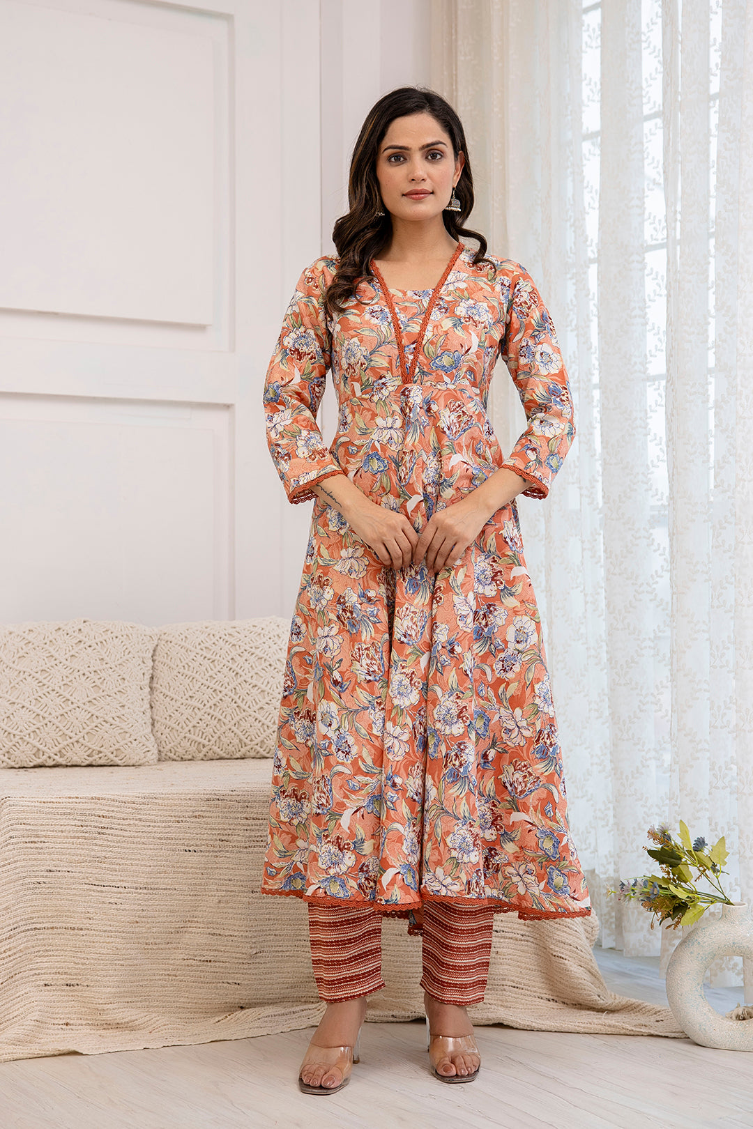 Women Peach Floral Printed Anarkali Kurta And Trouser With Dupatta | LASVINI - Redefining Indian Fashion with Elegance