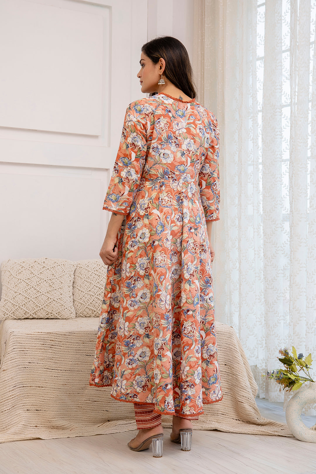 Women Peach Floral Printed Anarkali Kurta And Trouser With Dupatta | LASVINI - Redefining Indian Fashion with Elegance