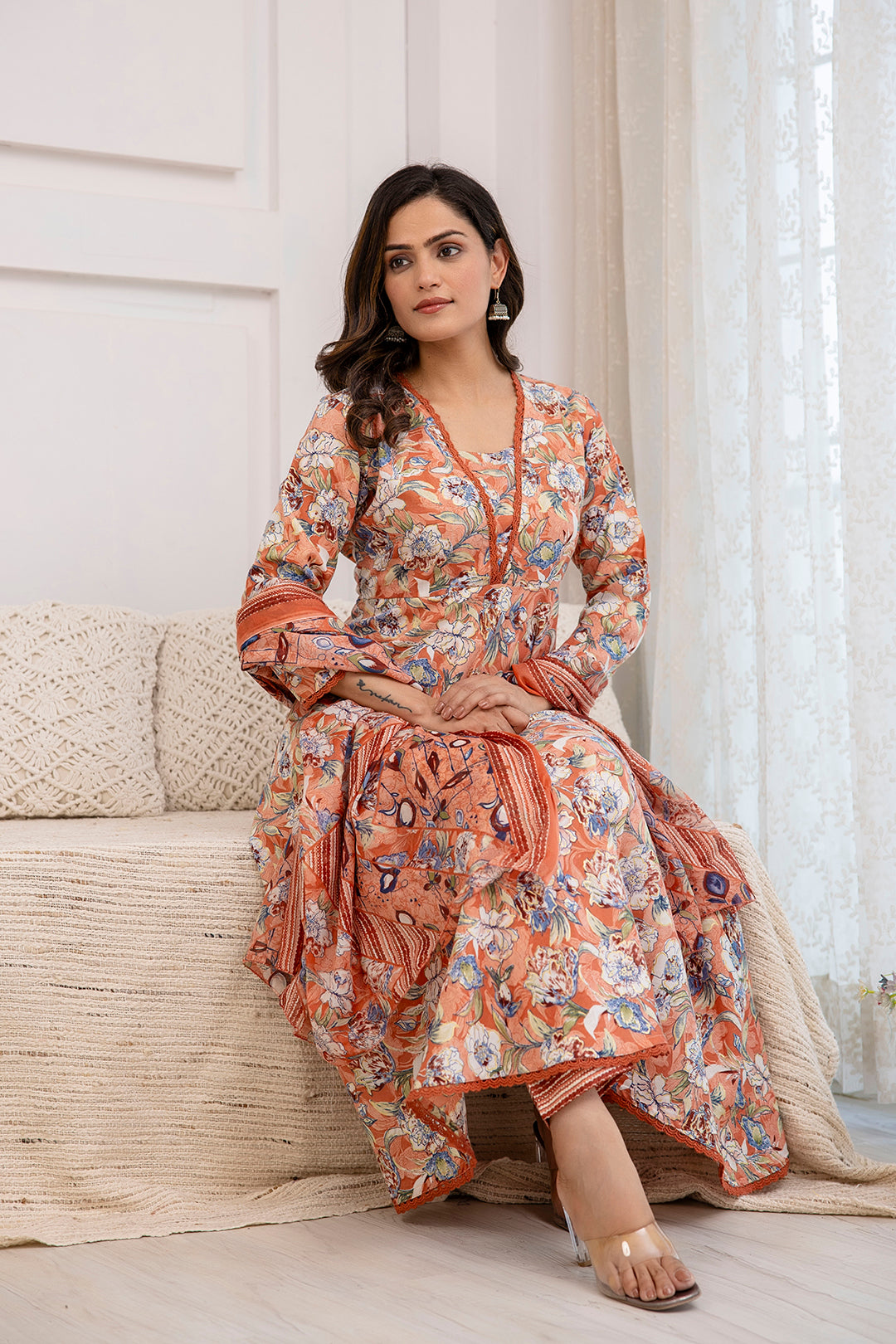 Women Peach Floral Printed Anarkali Kurta And Trouser With Dupatta | LASVINI - Redefining Indian Fashion with Elegance