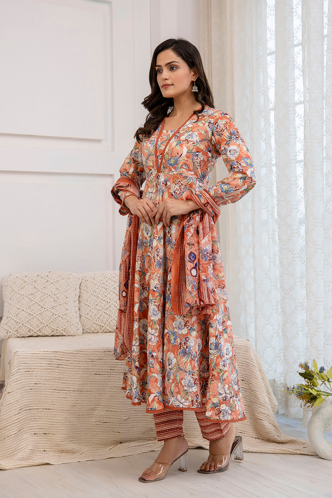 Women Peach Floral Printed Anarkali Kurta And Trouser With Dupatta | LASVINI - Redefining Indian Fashion with Elegance