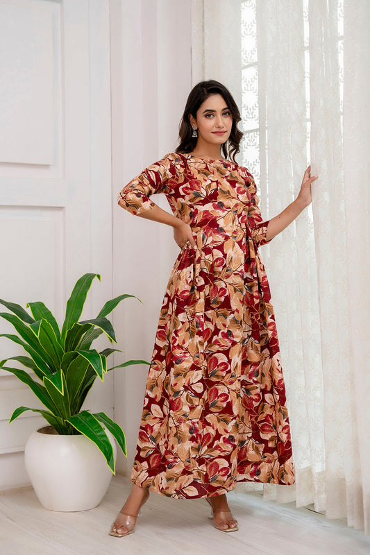 Fab Maroon Abstract Printed Gather Dress For Women | LASVINI - Redefining Indian Fashion with Elegance