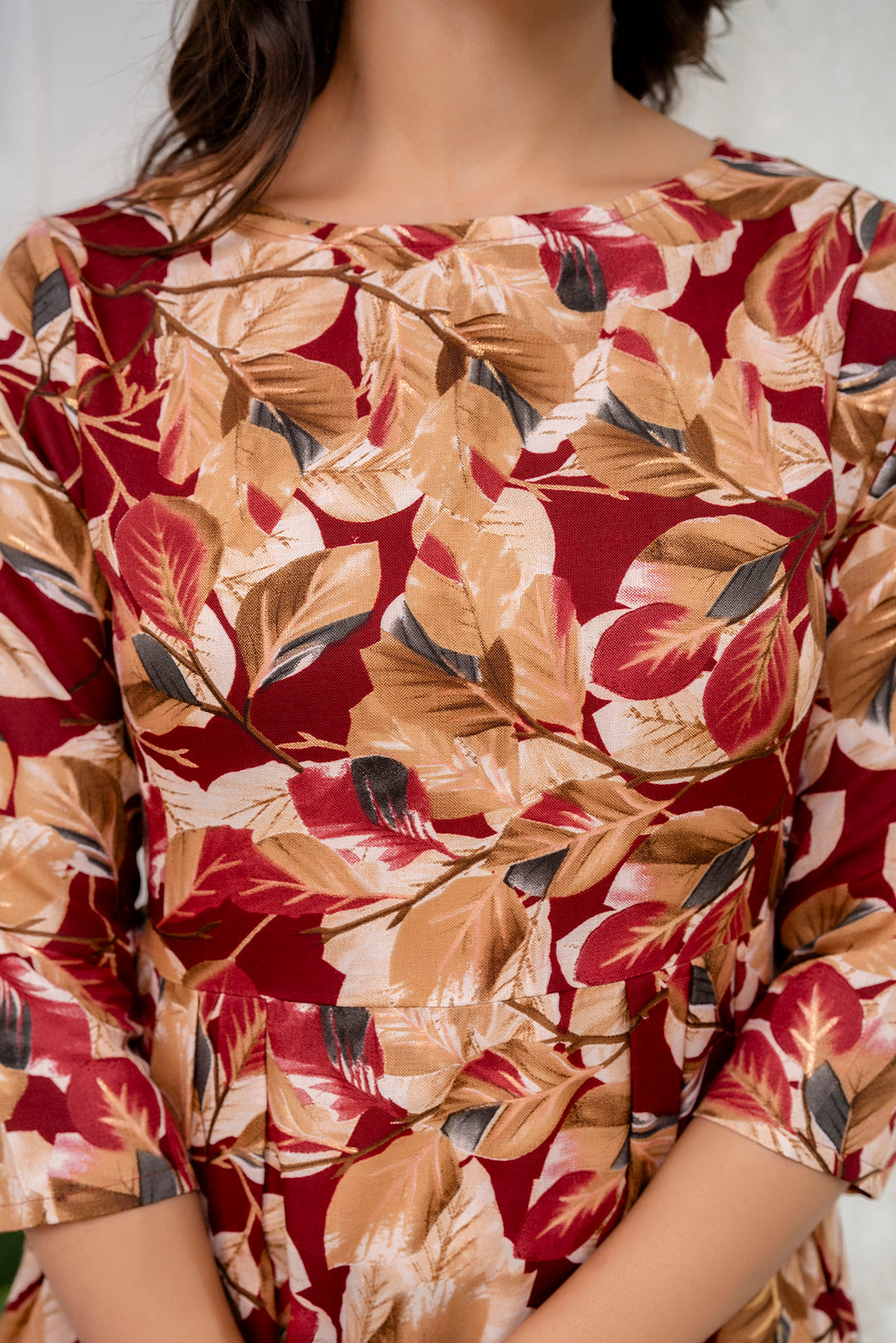 Fab Maroon Abstract Printed Gather Dress For Women | LASVINI - Redefining Indian Fashion with Elegance