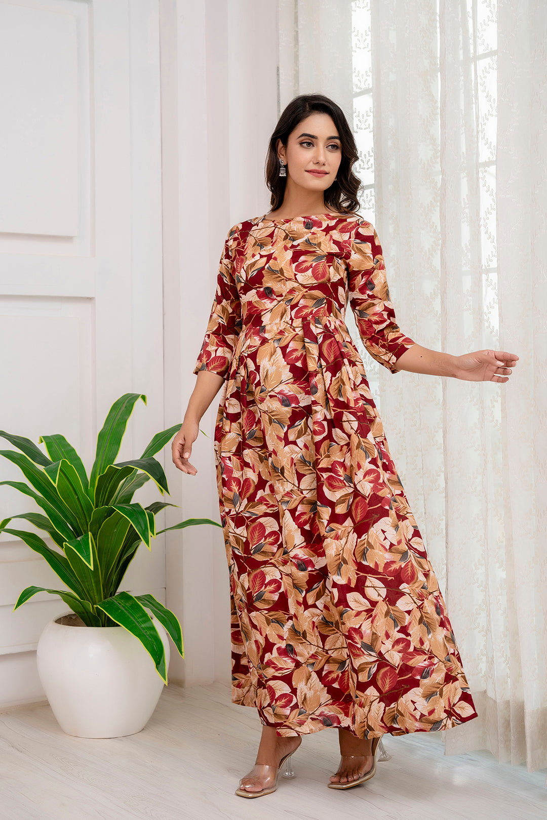 Fab Maroon Abstract Printed Gather Dress For Women | LASVINI - Redefining Indian Fashion with Elegance