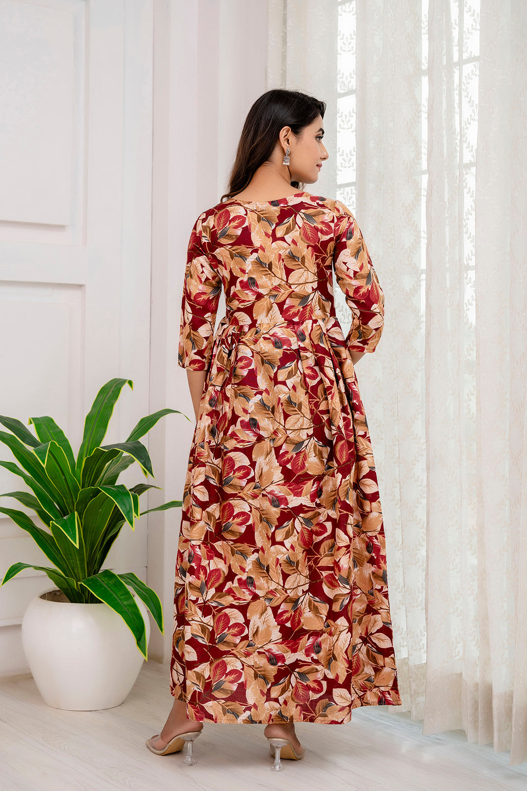Fab Maroon Abstract Printed Gather Dress For Women | LASVINI - Redefining Indian Fashion with Elegance
