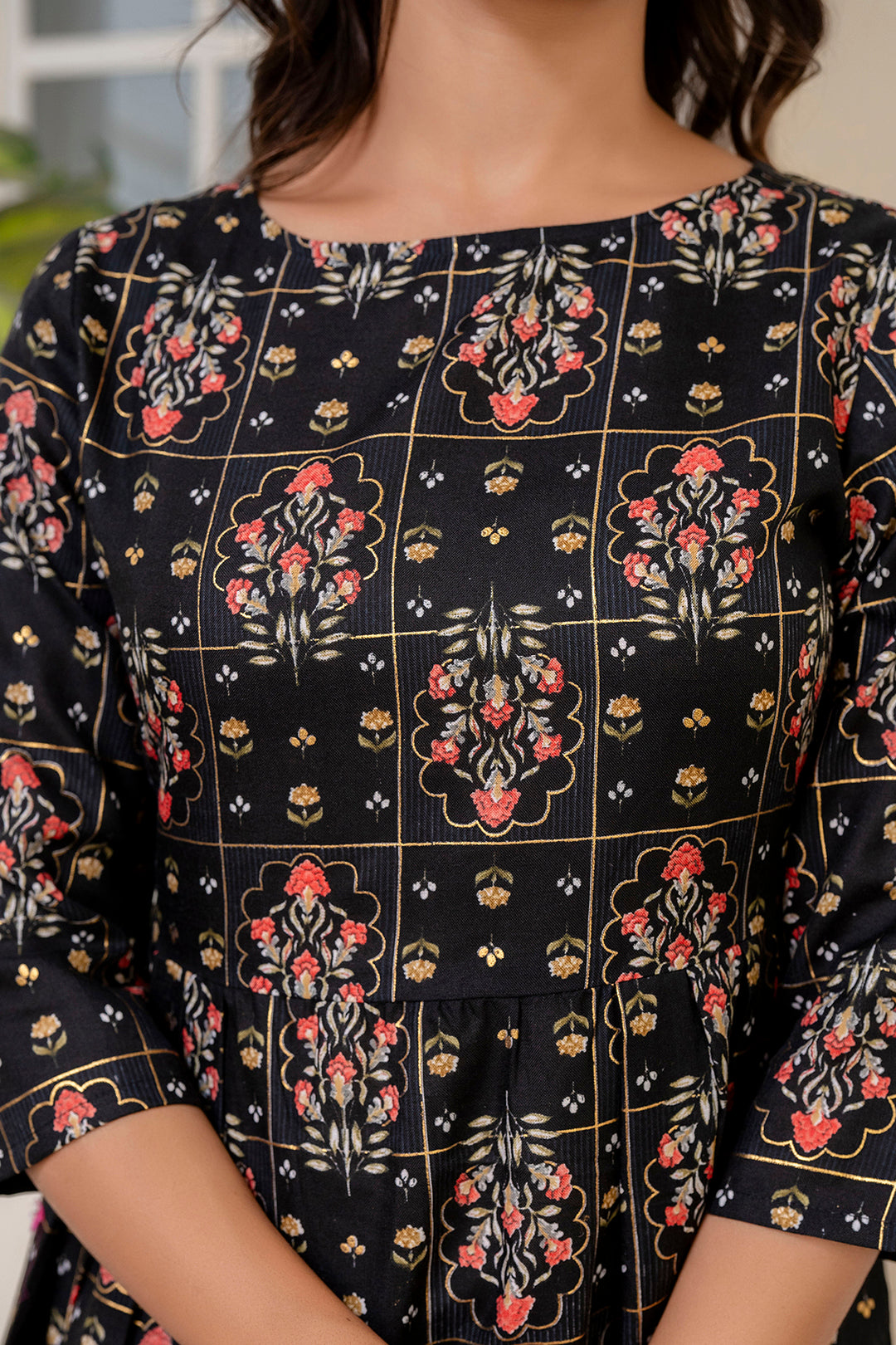 Women Black Ethnic Printed Dress With Gather | LASVINI - Redefining Indian Fashion with Elegance