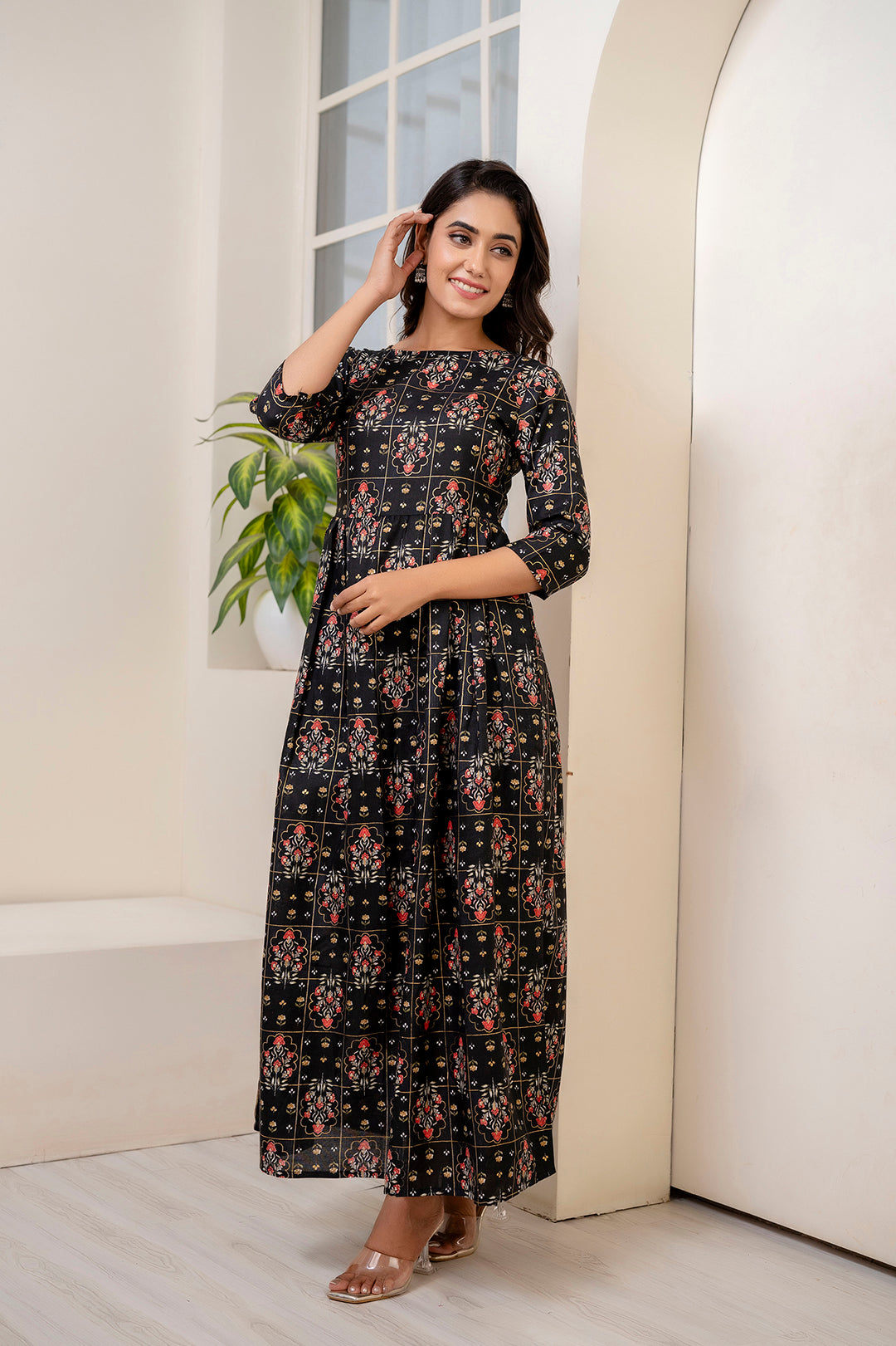 Women Black Ethnic Printed Dress With Gather | LASVINI - Redefining Indian Fashion with Elegance