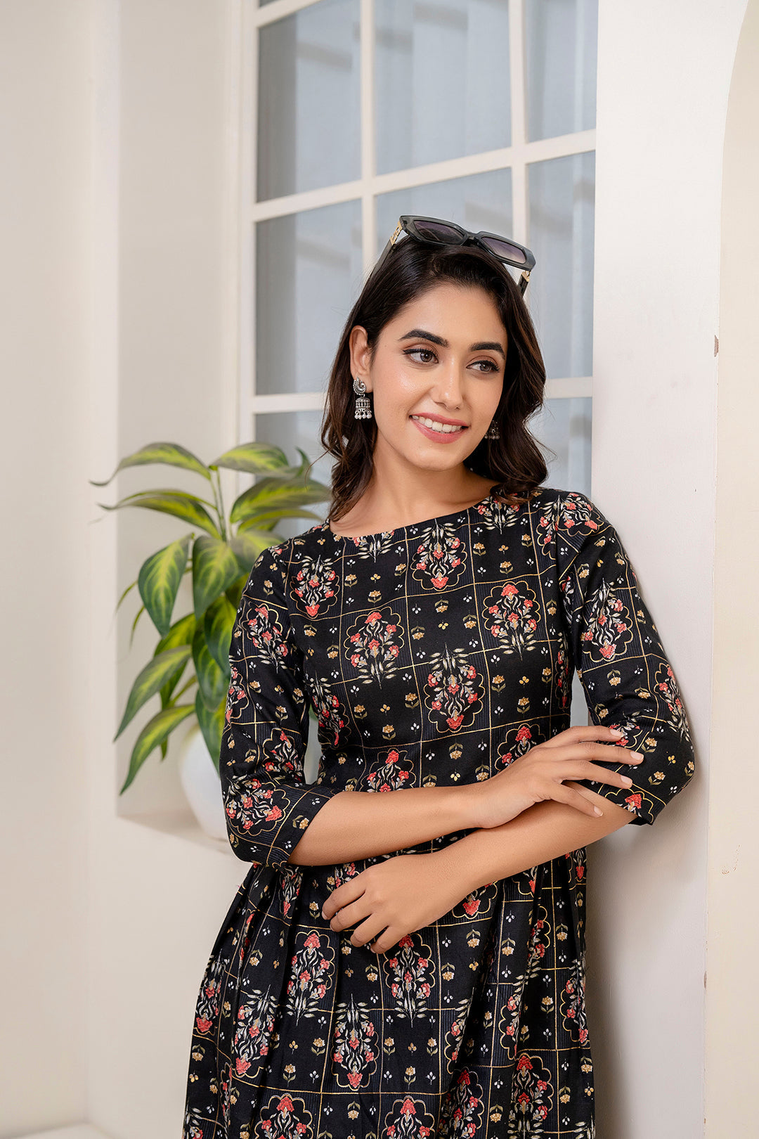 Women Black Ethnic Printed Dress With Gather | LASVINI - Redefining Indian Fashion with Elegance