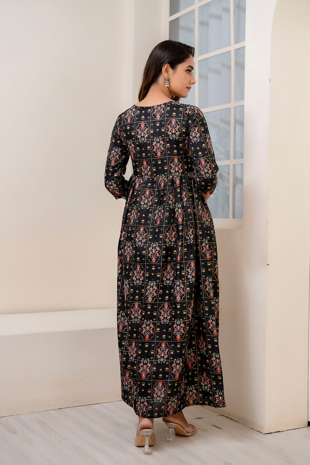 Women Black Ethnic Printed Dress With Gather | LASVINI - Redefining Indian Fashion with Elegance