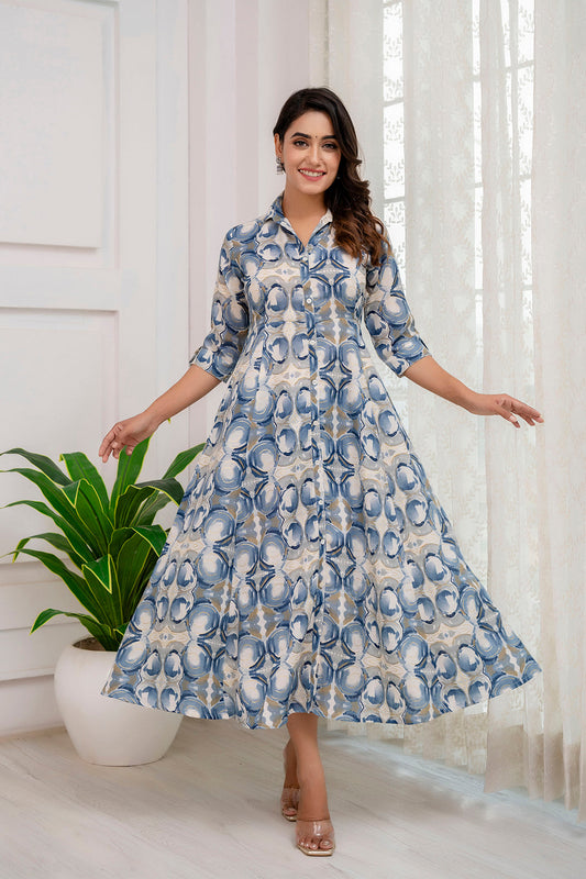 Fab Grey Abstract Printed Shirt Pattern Dress | LASVINI - Redefining Indian Fashion with Elegance