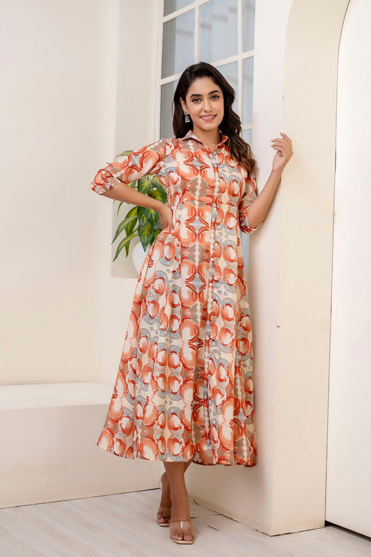 Fab Rust Abstract Printed Shirt Dress For Women | LASVINI - Redefining Indian Fashion with Elegance