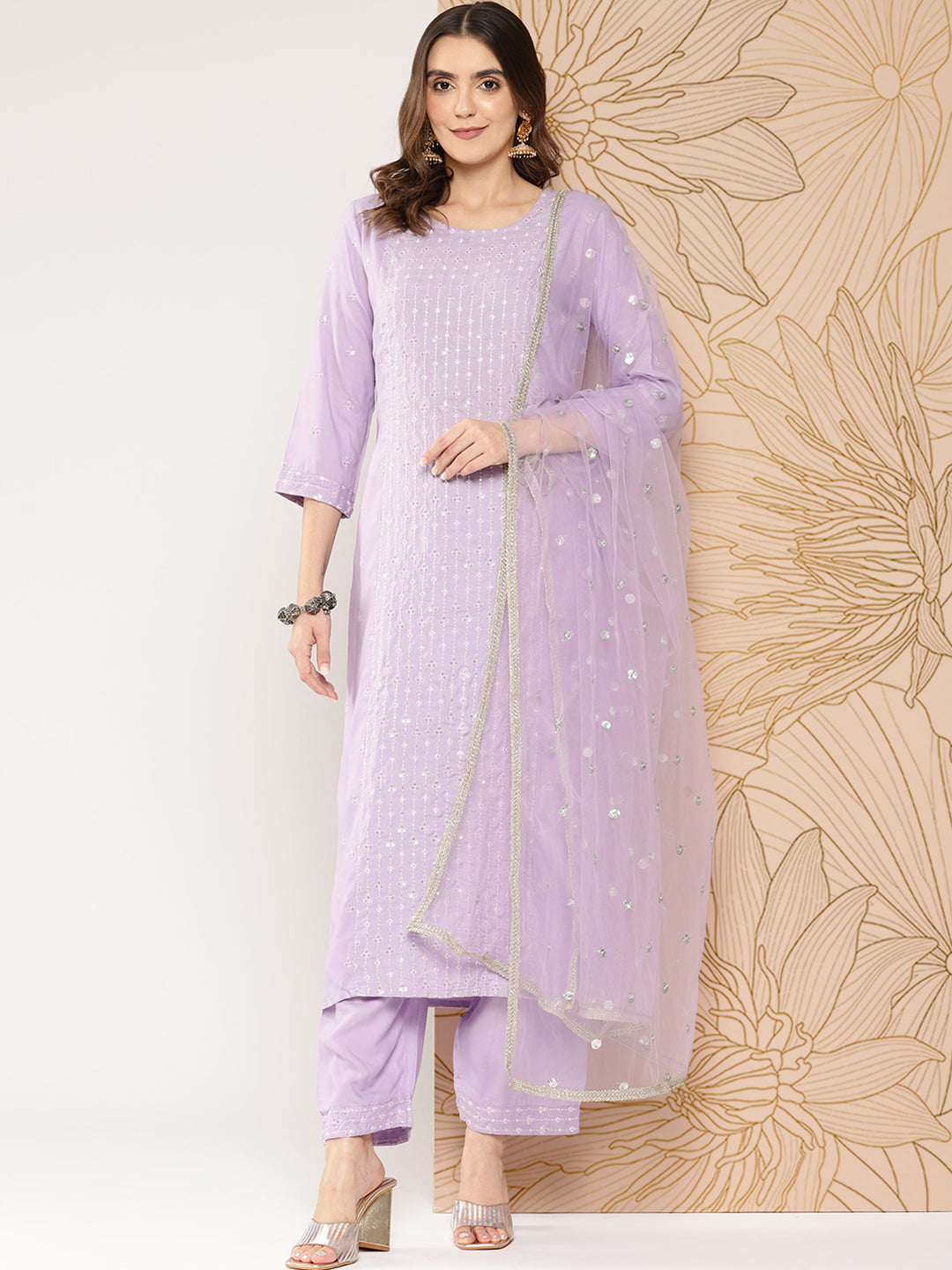Women Lavender Embroidered Straight Kurta With Palazzo & Dupatta | LASVINI - Redefining Indian Fashion with Elegance