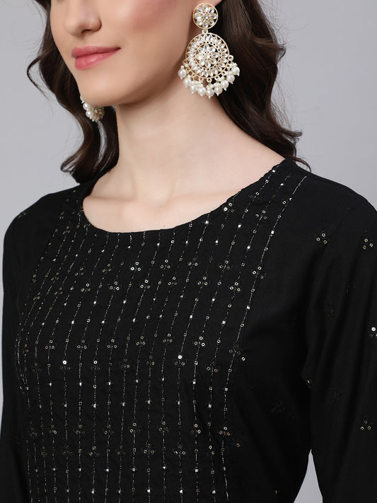 Women Black Embroidered Straight Kurta With Palazzo And Net Dupatta | LASVINI - Redefining Indian Fashion with Elegance