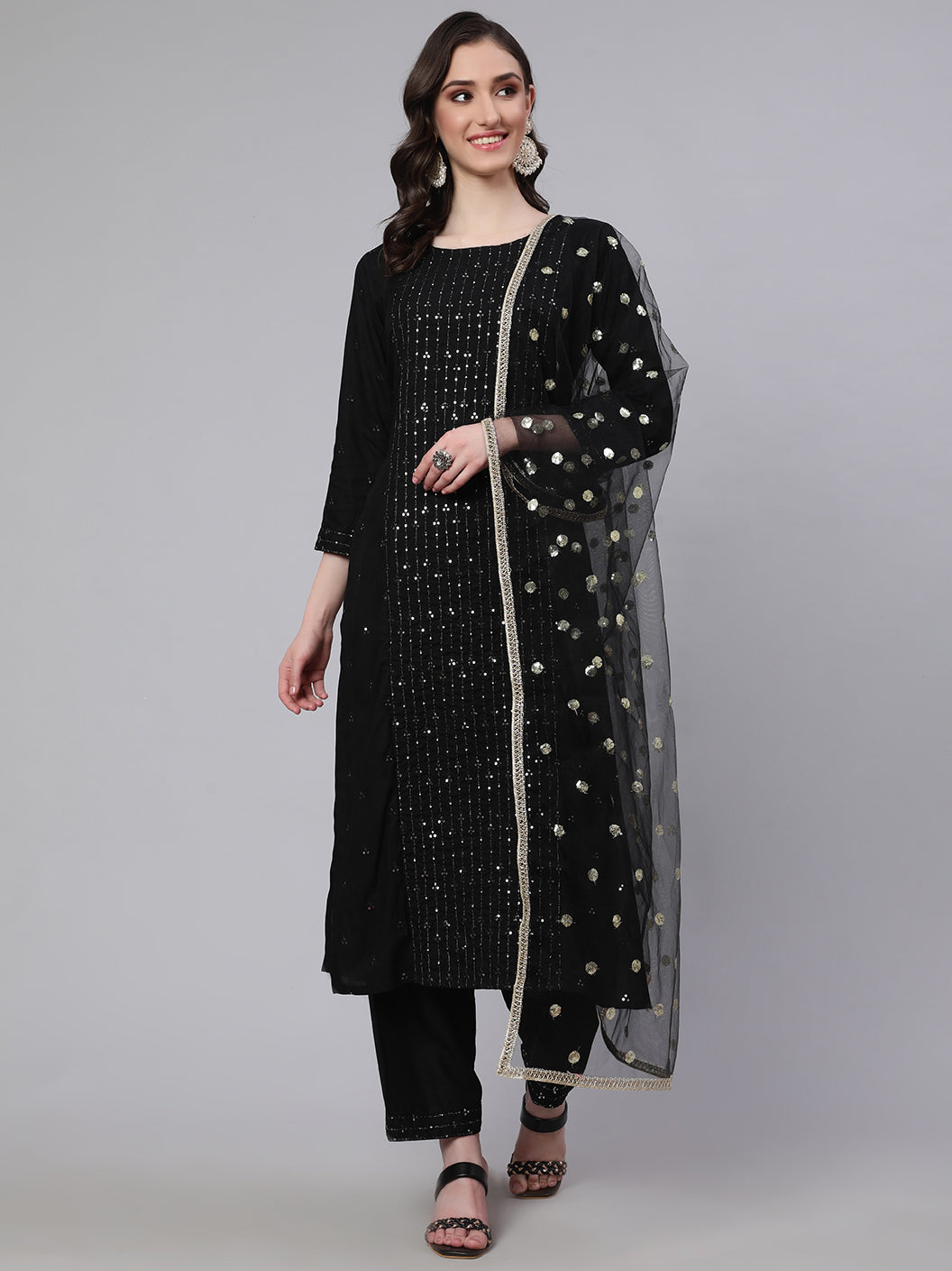 Women Black Embroidered Straight Kurta With Palazzo And Net Dupatta | LASVINI - Redefining Indian Fashion with Elegance