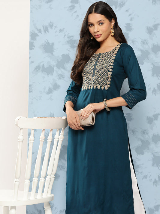 Women Teal Blue Embroidered Yoke Design Straight Kurta | LASVINI - Redefining Indian Fashion with Elegance