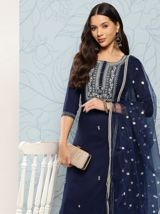 Women Navy Blue Embroidered Straight Kurta With Palazzo And Dupatta | LASVINI - Redefining Indian Fashion with Elegance