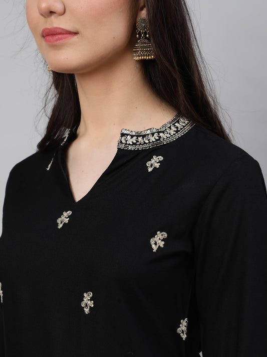 Women Black Embroidered Straight Kurta With Trouser And Net Dupatta | LASVINI - Redefining Indian Fashion with Elegance