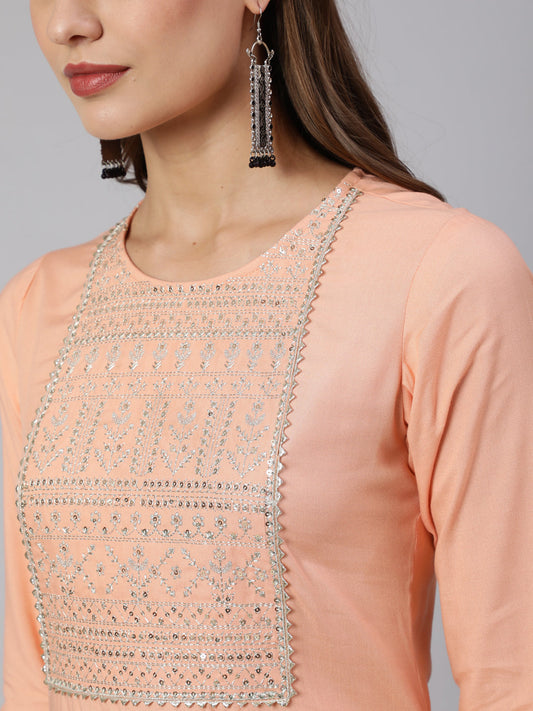 Women Peach Embroidered Straight Kurta With Three Quarter Sleeves | LASVINI - Redefining Indian Fashion with Elegance