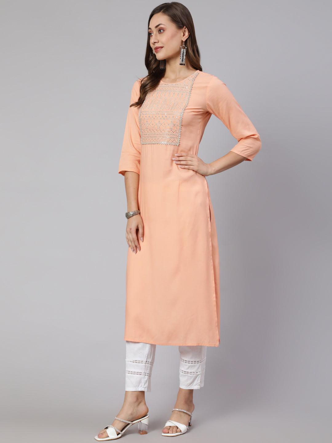 Women Peach Embroidered Straight Kurta With Three Quarter Sleeves | LASVINI - Redefining Indian Fashion with Elegance