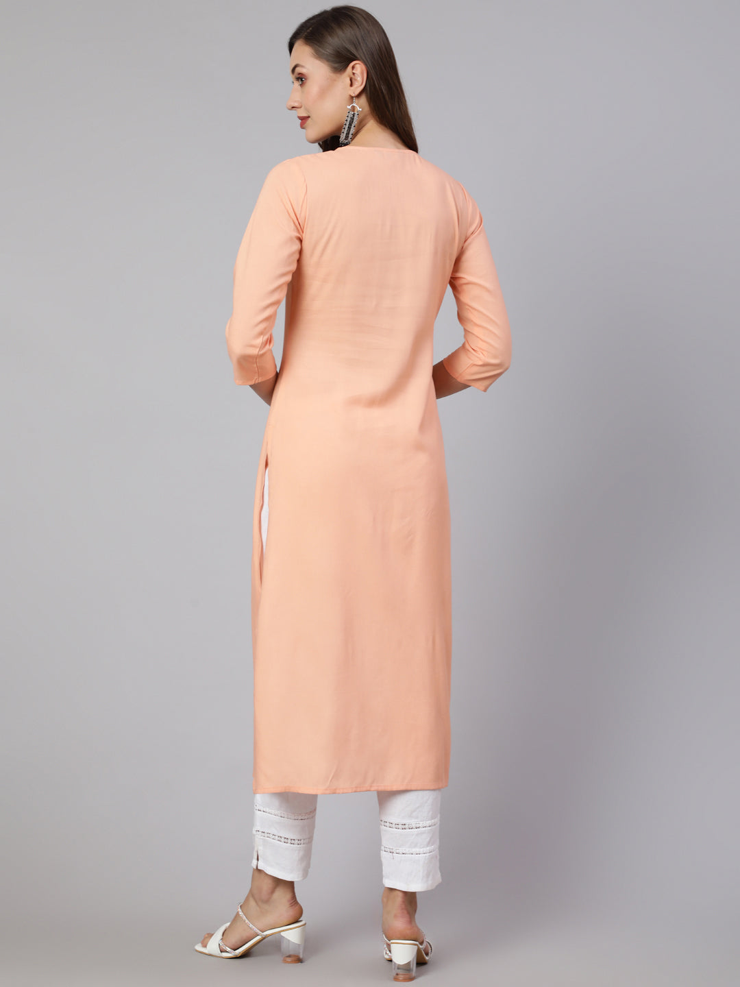 Women Peach Embroidered Straight Kurta With Three Quarter Sleeves | LASVINI - Redefining Indian Fashion with Elegance